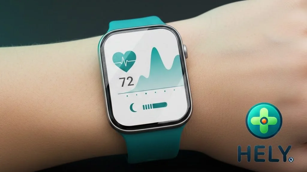 Smartwatch no pulso a mostrar dados de saúde como frequência cardíaca e sono — HELY Health Hub